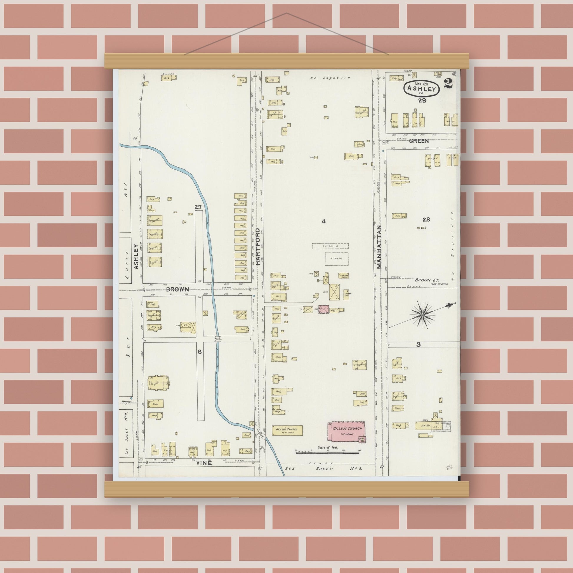 Old map wall art mockup — magnetic wood frame on brick wall — Sanborn Fire Insurance Map from Ashley, Luzerne County, Pennsylvania (1891), Sheet #0002