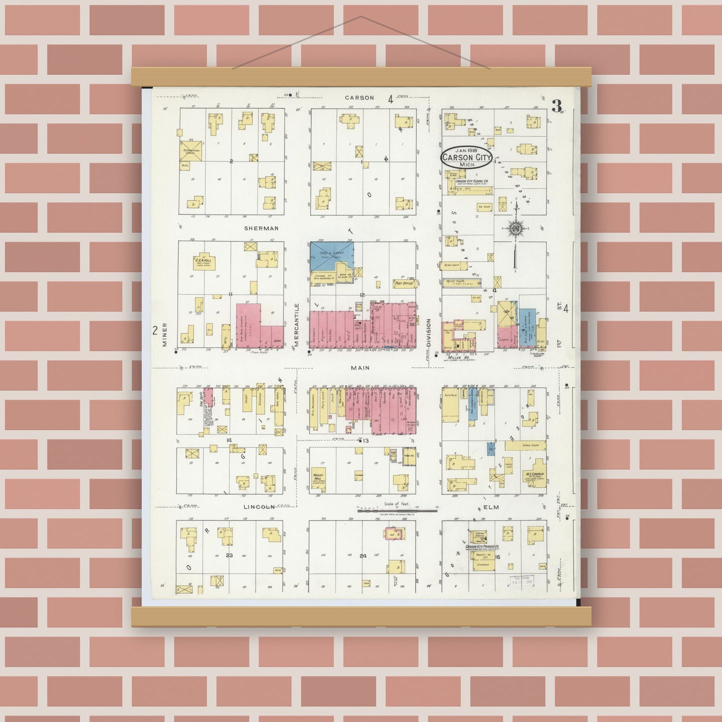 Old map wall art mockup — magnetic wood frame on brick wall — Sanborn Fire Insurance Map from Carson City, Montcalm County, Michigan (1918), Sheet #0003
