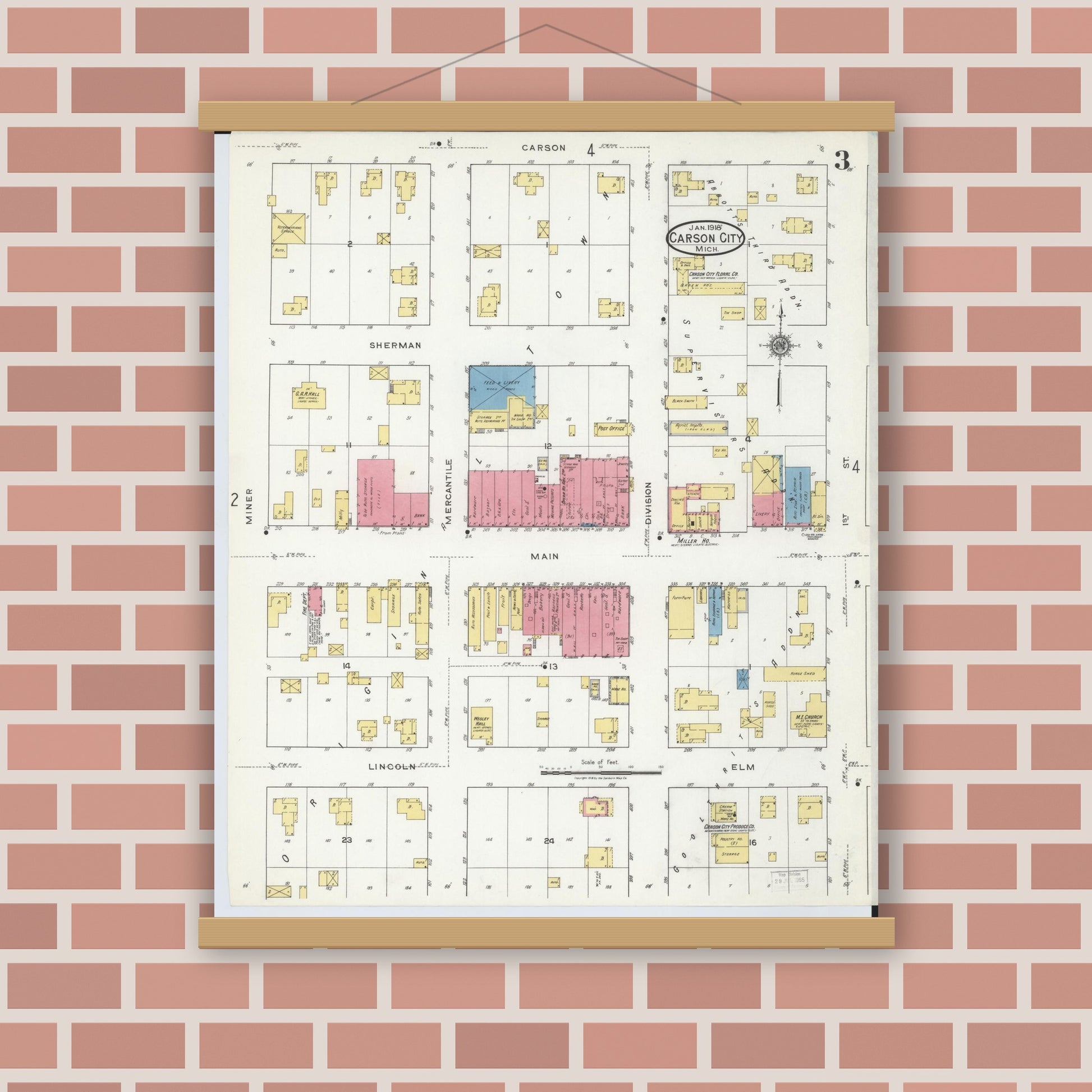 Old map wall art mockup — magnetic wood frame on brick wall — Sanborn Fire Insurance Map from Carson City, Montcalm County, Michigan (1918), Sheet #0003