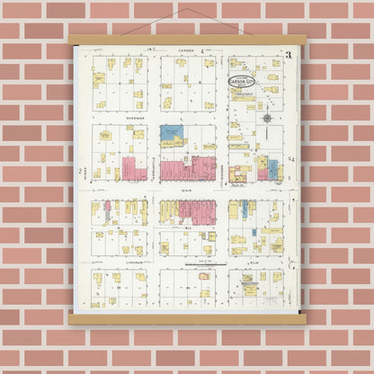 Old map wall art mockup — magnetic wood frame on brick wall — Sanborn Fire Insurance Map from Carson City, Montcalm County, Michigan (1918), Sheet #0003