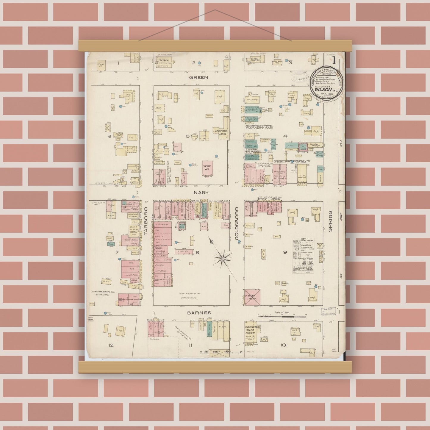 Old map wall art mockup — magnetic wood frame on brick wall — Sanborn Fire Insurance Map from Wilson, Wilson County, North Carolina (1885) - Complete Map Set