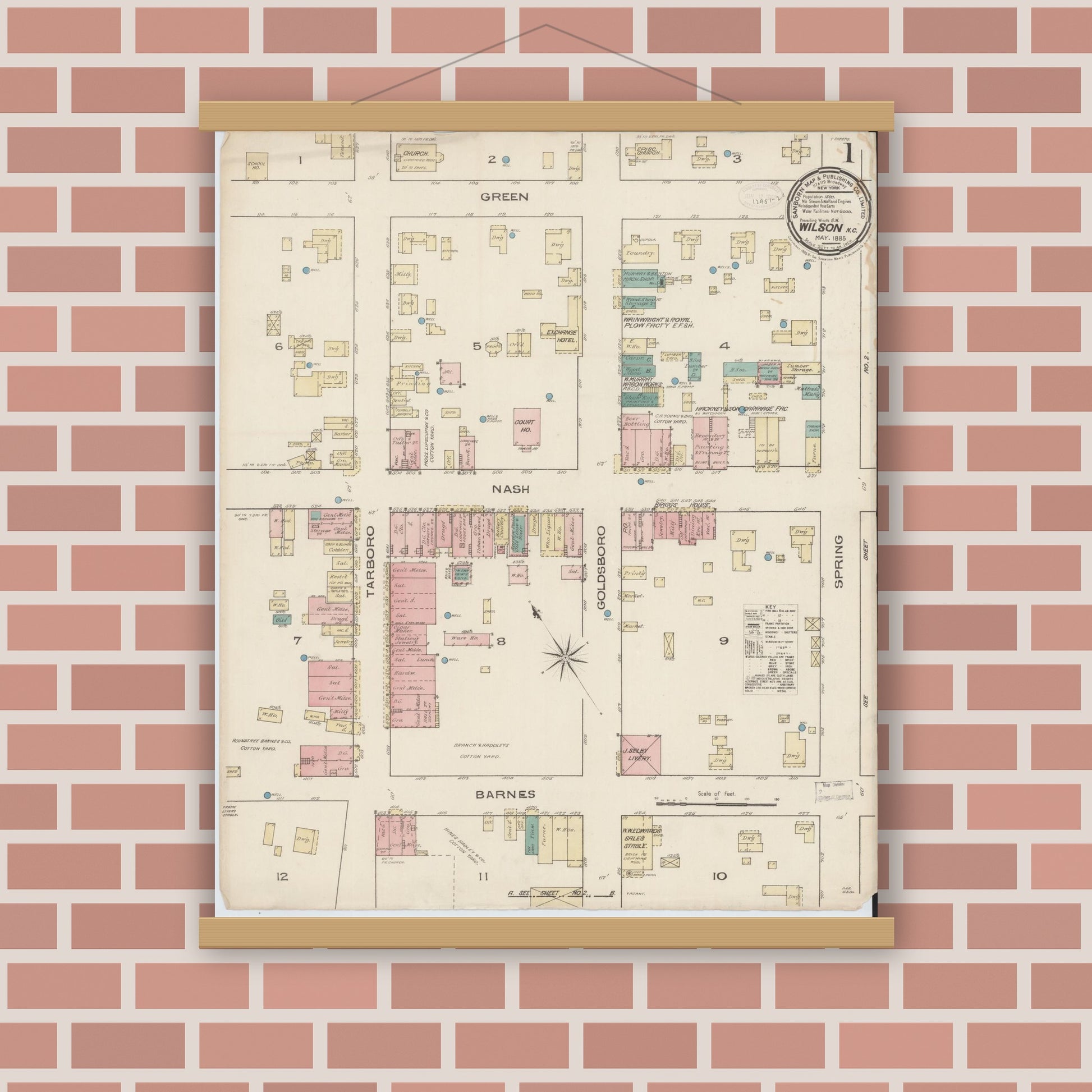 Old map wall art mockup — magnetic wood frame on brick wall — Sanborn Fire Insurance Map from Wilson, Wilson County, North Carolina (1885) - Complete Map Set