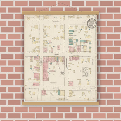 Old map wall art mockup — magnetic wood frame on brick wall — Sanborn Fire Insurance Map from Wilson, Wilson County, North Carolina (1885) - Complete Map Set