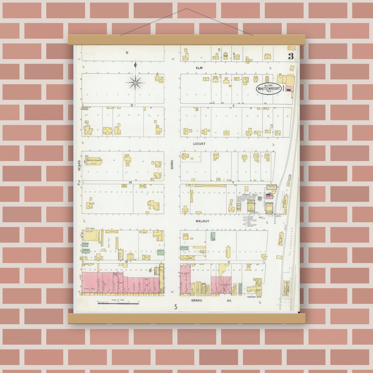 Old map wall art mockup — magnetic wood frame on brick wall — Sanborn Fire Insurance Map from Whitewright, Grayson County, Texas (1900), Sheet #0003