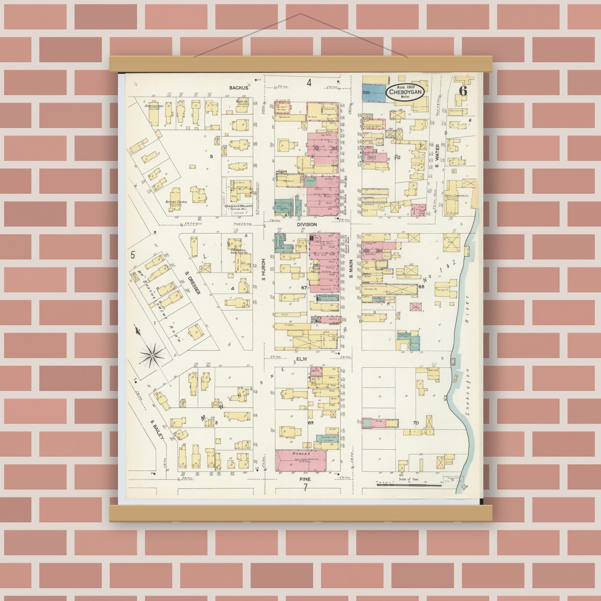 Old map wall art mockup — magnetic wood frame on brick wall — Sanborn Fire Insurance Map from Cheboygan, Cheboygan County, Michigan (1907), Sheet #0006