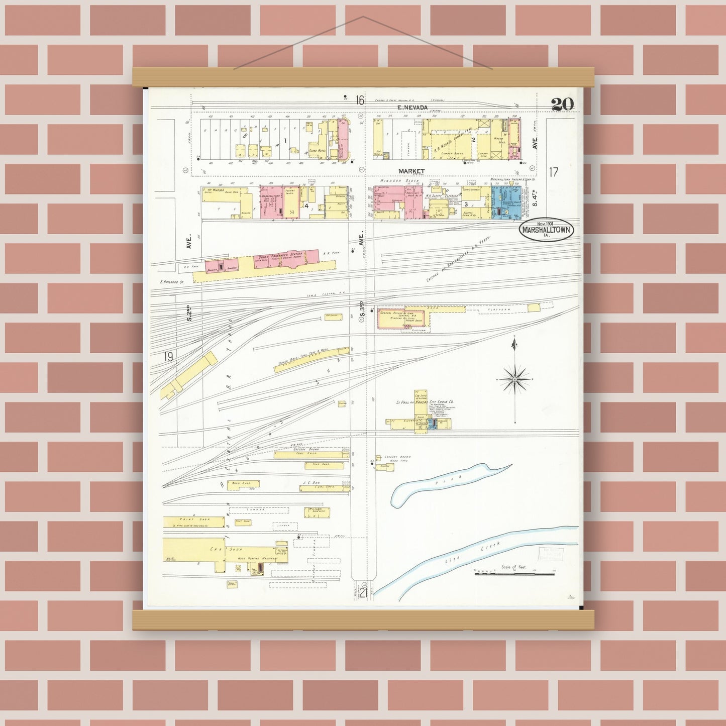 Old map wall art mockup — magnetic wood frame on brick wall — Sanborn Fire Insurance Map from Marshalltown, Marshall County, Iowa (1901), Sheet #0020