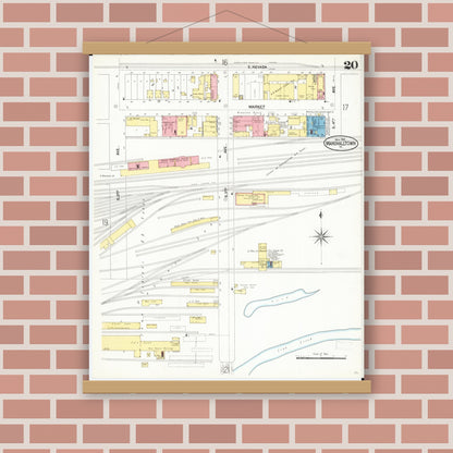 Old map wall art mockup — magnetic wood frame on brick wall — Sanborn Fire Insurance Map from Marshalltown, Marshall County, Iowa (1901), Sheet #0020