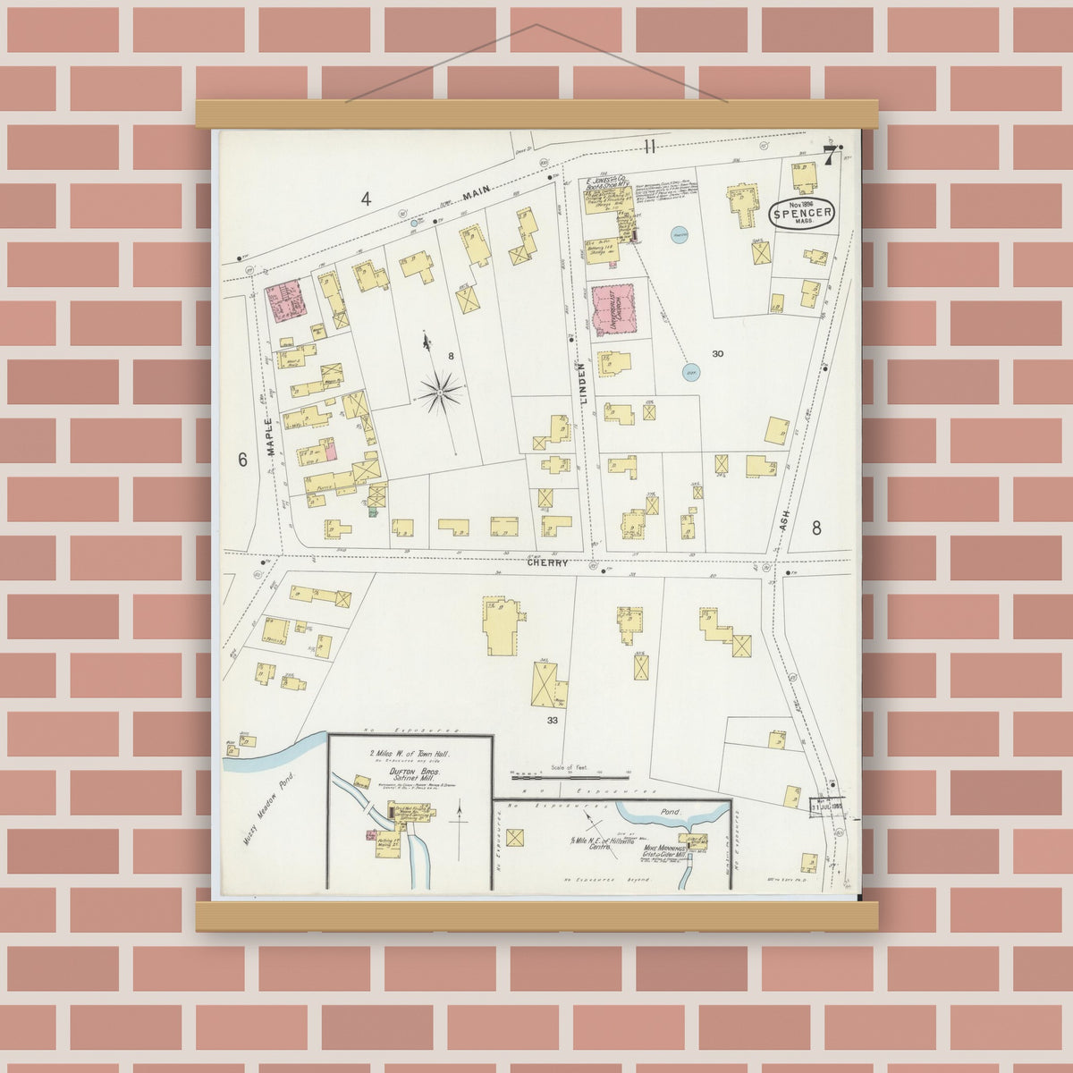 Old map wall art mockup — magnetic wood frame on brick wall — Sanborn Fire Insurance Map from Spencer, Worcester County, Massachusetts (1896), Sheet #0007