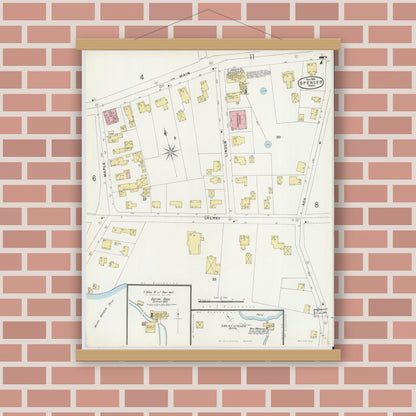 Old map wall art mockup — magnetic wood frame on brick wall — Sanborn Fire Insurance Map from Spencer, Worcester County, Massachusetts (1896), Sheet #0007