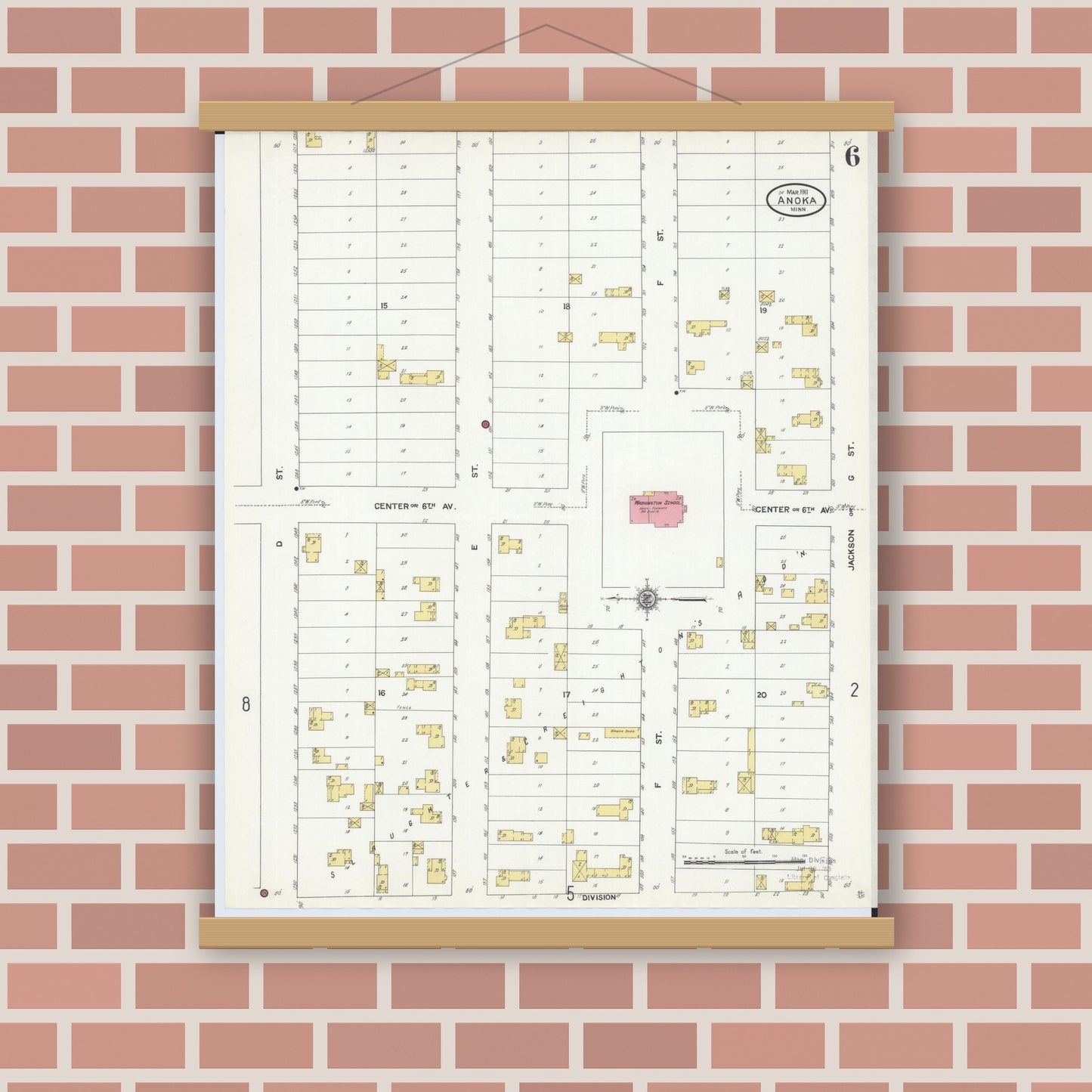 Old map wall art mockup — magnetic wood frame on brick wall — Sanborn Fire Insurance Map from Anoka, Anoka County, Minnesota (1911), Sheet #0006