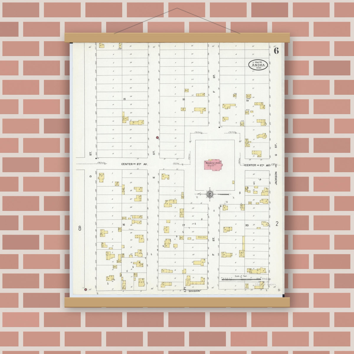 Old map wall art mockup — magnetic wood frame on brick wall — Sanborn Fire Insurance Map from Anoka, Anoka County, Minnesota (1911), Sheet #0006