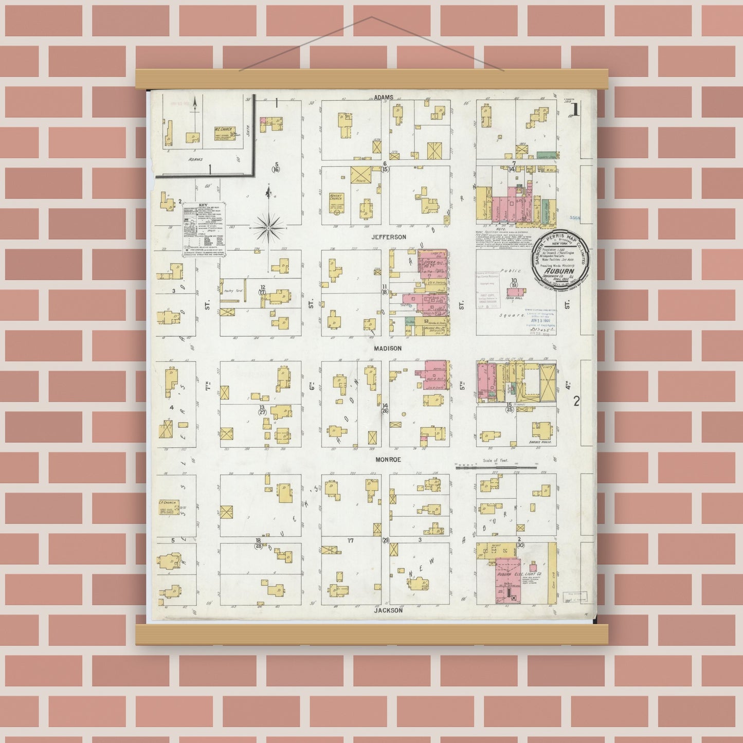 Old map wall art mockup — magnetic wood frame on brick wall — Sanborn Fire Insurance Map from Auburn, Sangamon County, Illinois (1900) - Complete Map Set