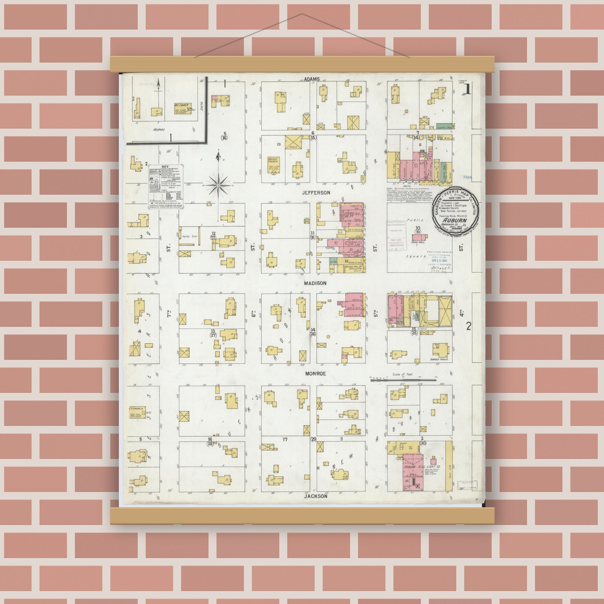 Old map wall art mockup — magnetic wood frame on brick wall — Sanborn Fire Insurance Map from Auburn, Sangamon County, Illinois (1900) - Complete Map Set