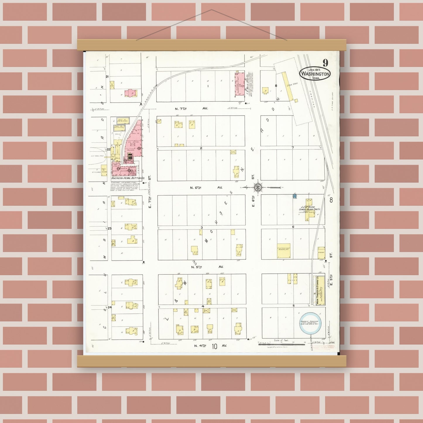 Old map wall art mockup — magnetic wood frame on brick wall — Sanborn Fire Insurance Map from Washington, Washington County, Iowa (1917), Sheet #0009