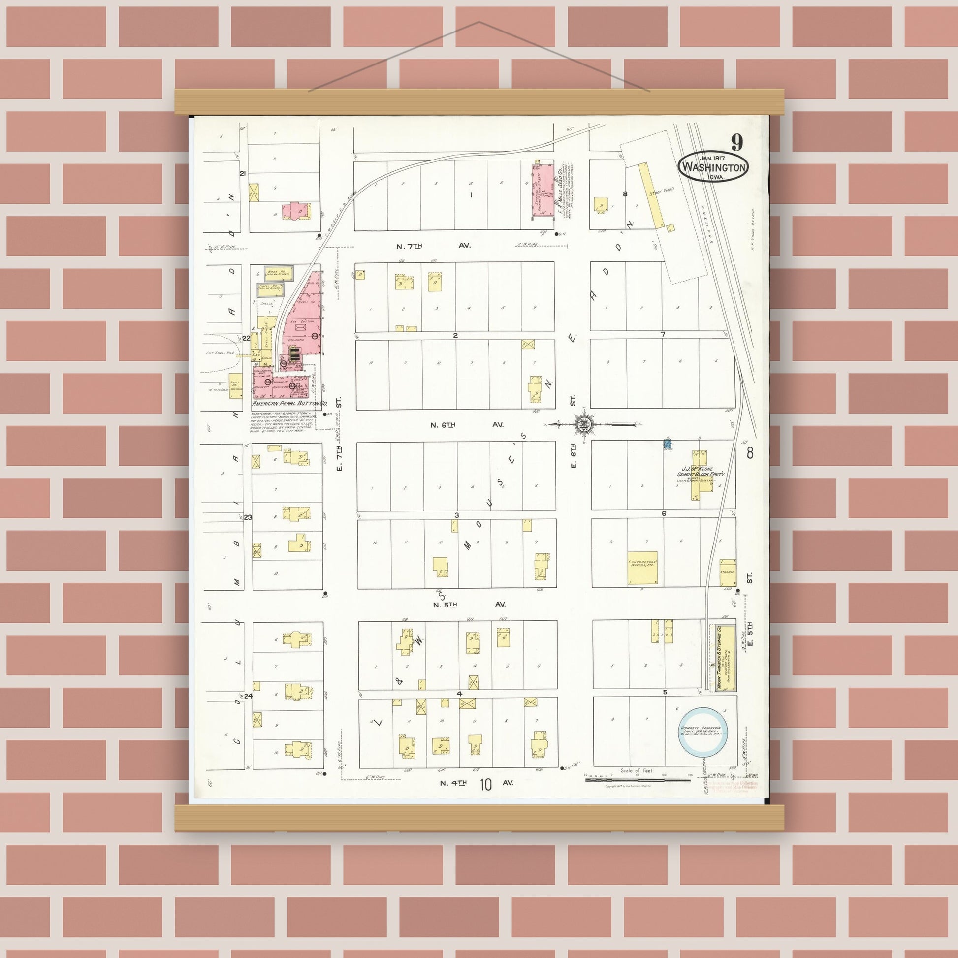 Old map wall art mockup — magnetic wood frame on brick wall — Sanborn Fire Insurance Map from Washington, Washington County, Iowa (1917), Sheet #0009