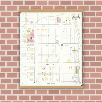 Old map wall art mockup — magnetic wood frame on brick wall — Sanborn Fire Insurance Map from Washington, Washington County, Iowa (1917), Sheet #0009