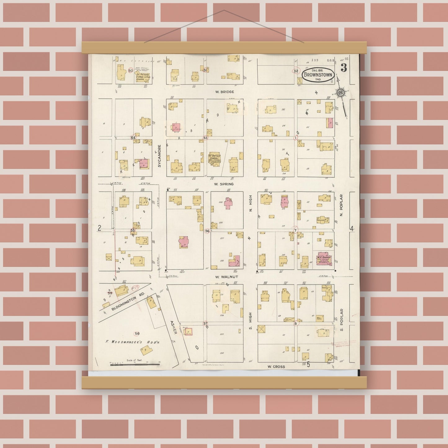 Old map wall art mockup — magnetic wood frame on brick wall — Sanborn Fire Insurance Map from Brownstown, Jackson County, Indiana (1933), Sheet #0003