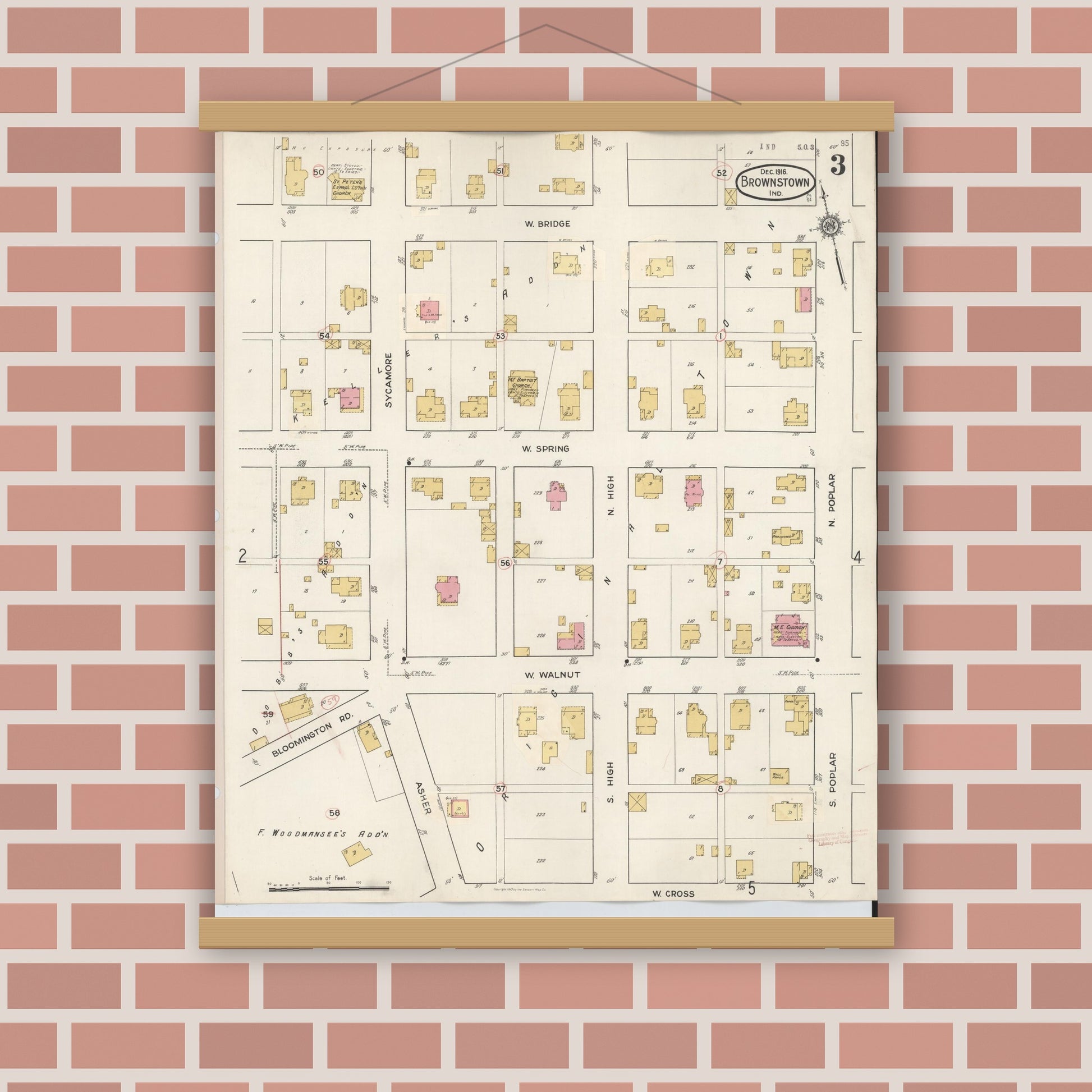 Old map wall art mockup — magnetic wood frame on brick wall — Sanborn Fire Insurance Map from Brownstown, Jackson County, Indiana (1933), Sheet #0003