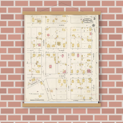 Old map wall art mockup — magnetic wood frame on brick wall — Sanborn Fire Insurance Map from Brownstown, Jackson County, Indiana (1933), Sheet #0003
