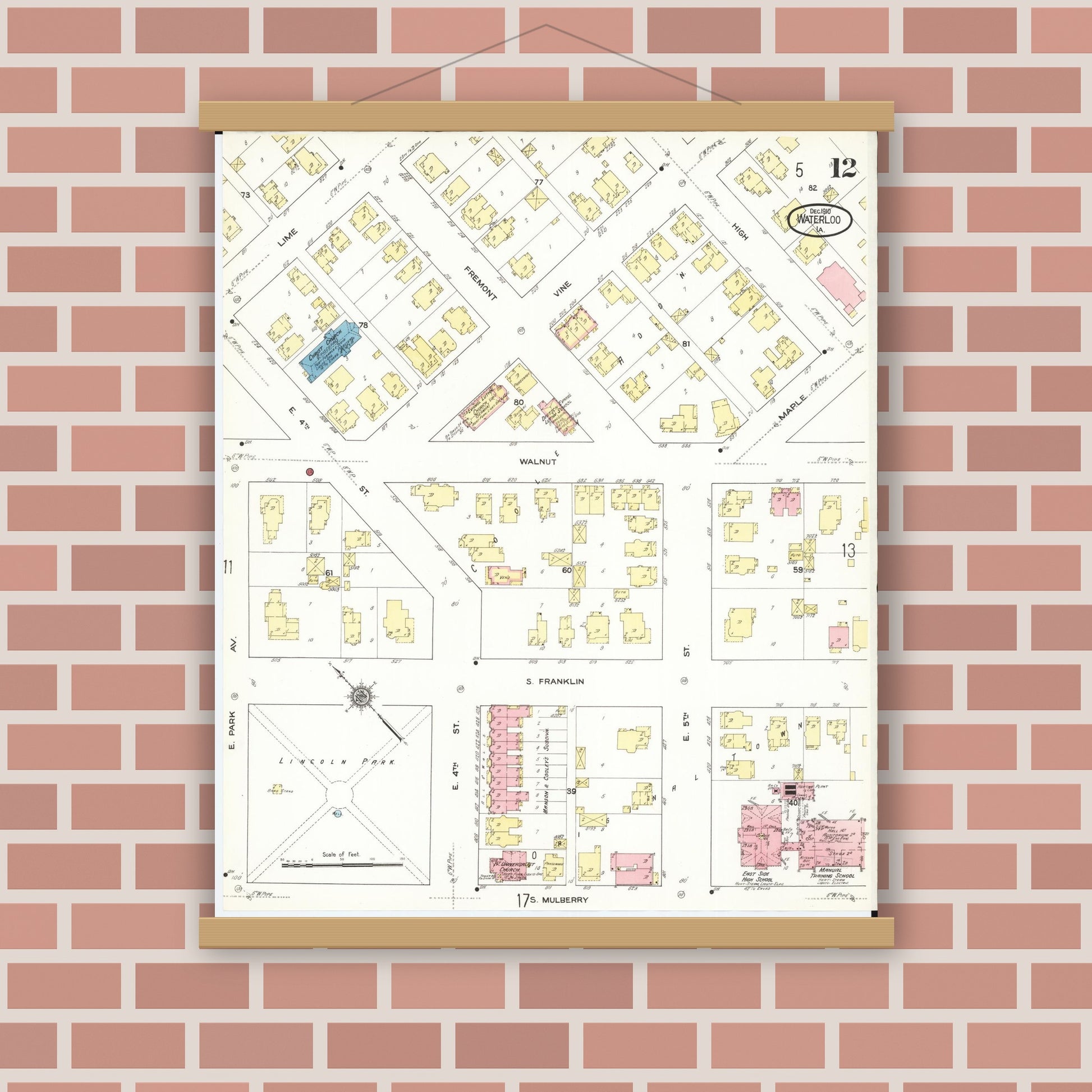 Old map wall art mockup — magnetic wood frame on brick wall — Sanborn Fire Insurance Map from Waterloo, Black Hawk County, Iowa (1910), Sheet #0012