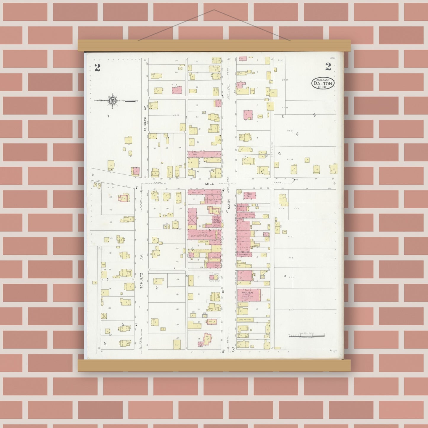 Old map wall art mockup — magnetic wood frame on brick wall — Sanborn Fire Insurance Map from Dalton, Wayne County, Ohio (1929), Sheet #0002