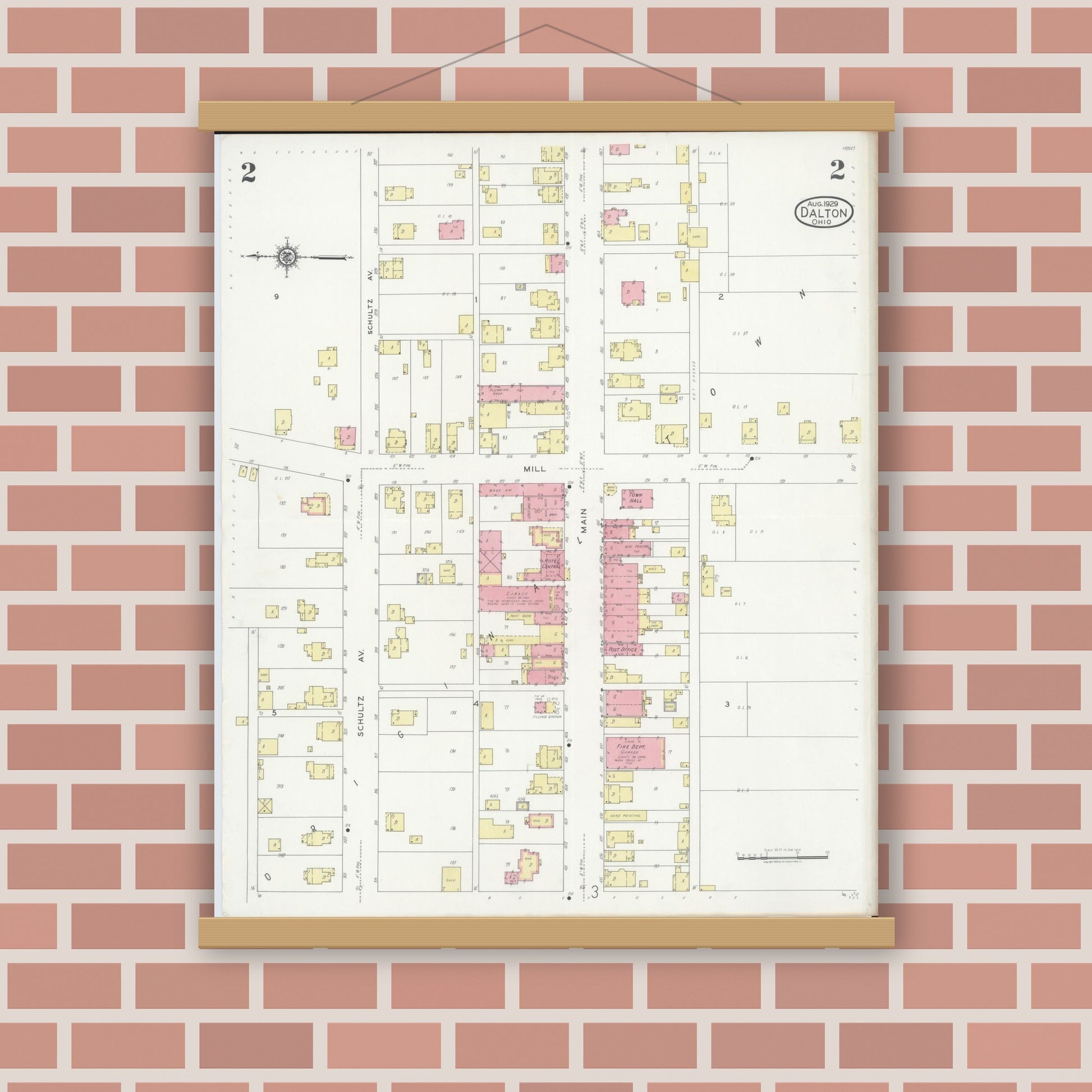 Old map wall art mockup — magnetic wood frame on brick wall — Sanborn Fire Insurance Map from Dalton, Wayne County, Ohio (1929), Sheet #0002