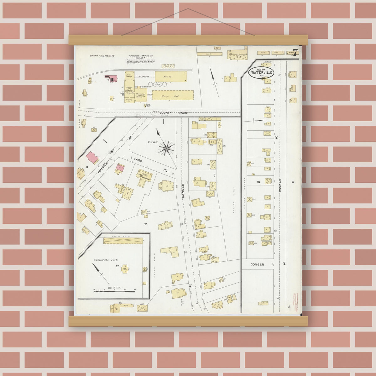 Old map wall art mockup — magnetic wood frame on brick wall — Sanborn Fire Insurance Map from Waterville, Oneida County, New York (1906), Sheet #0007