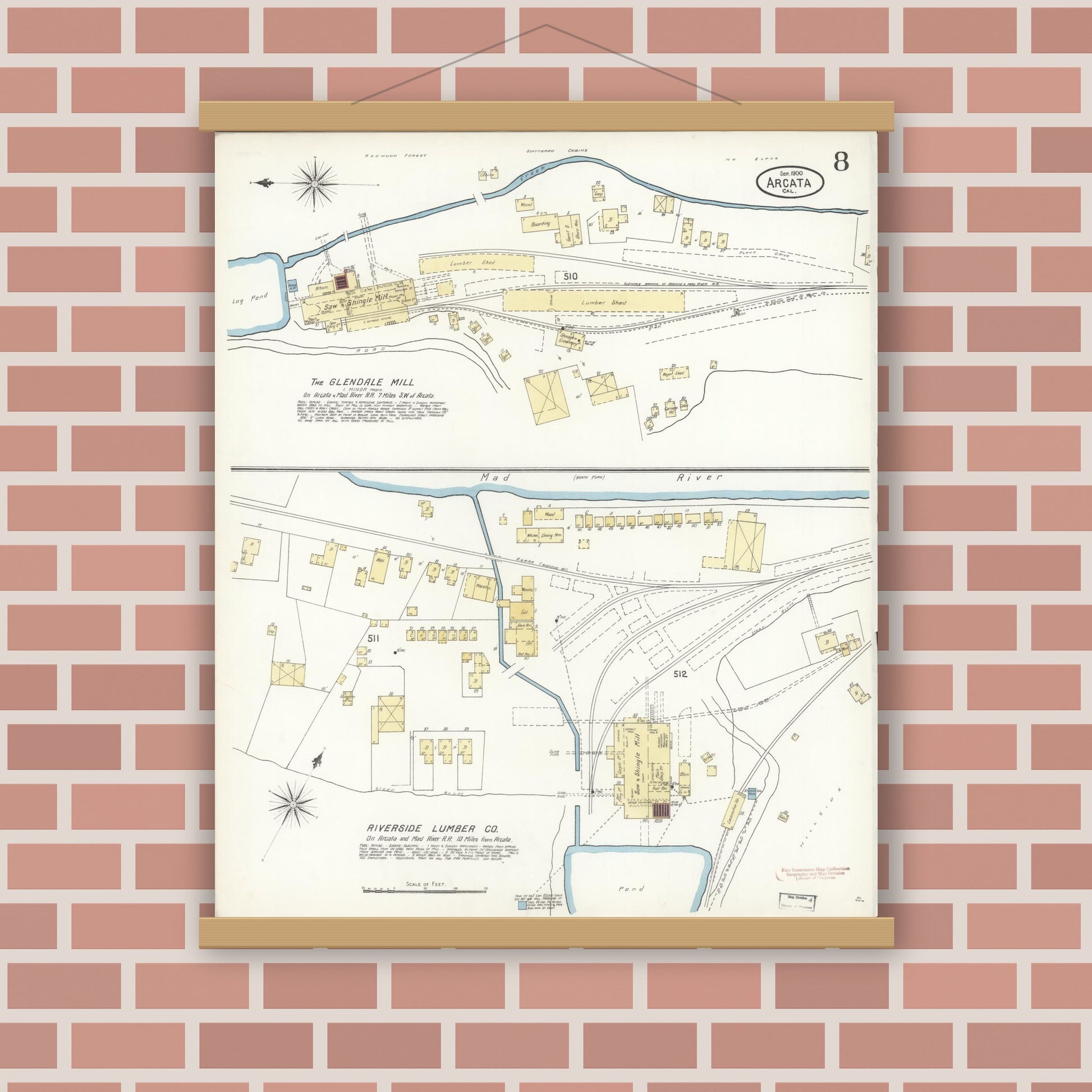 Old map wall art mockup — magnetic wood frame on brick wall — Sanborn Fire Insurance Map from Arcata, Humboldt County, California (1900), Sheet #0008
