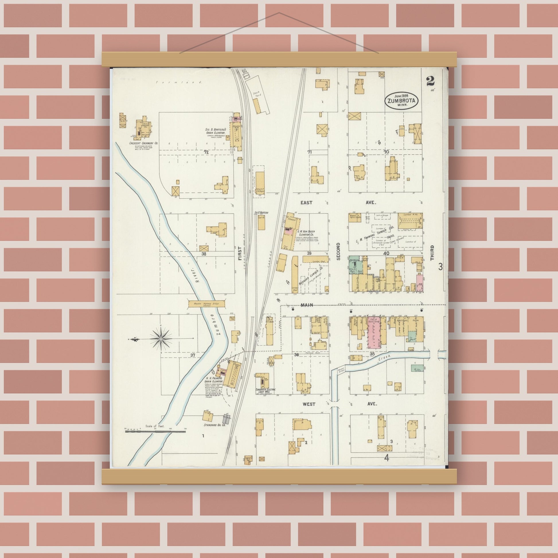 Old map wall art mockup — magnetic wood frame on brick wall — Sanborn Fire Insurance Map from Zumbrota, Goodhue County, Minnesota (1899), Sheet #0002