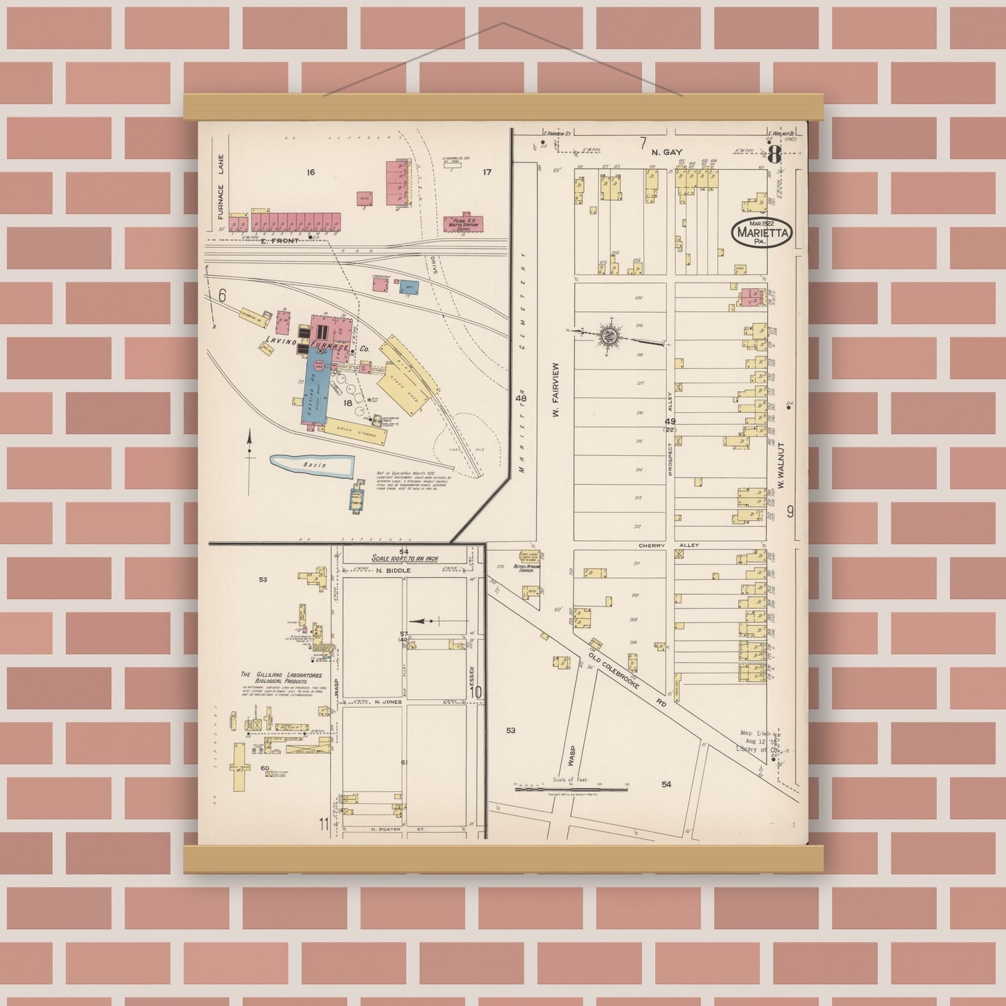 Old map wall art mockup — magnetic wood frame on brick wall — Sanborn Fire Insurance Map from Marietta, Lancaster County, Pennsylvania (1922), Sheet #0008