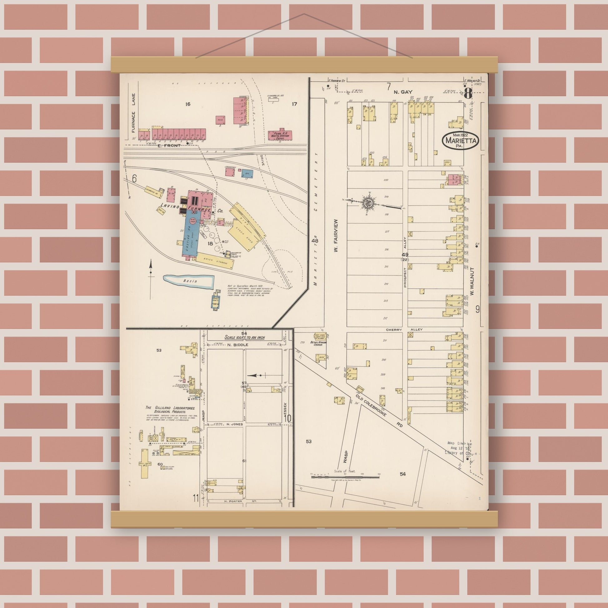 Old map wall art mockup — magnetic wood frame on brick wall — Sanborn Fire Insurance Map from Marietta, Lancaster County, Pennsylvania (1922), Sheet #0008