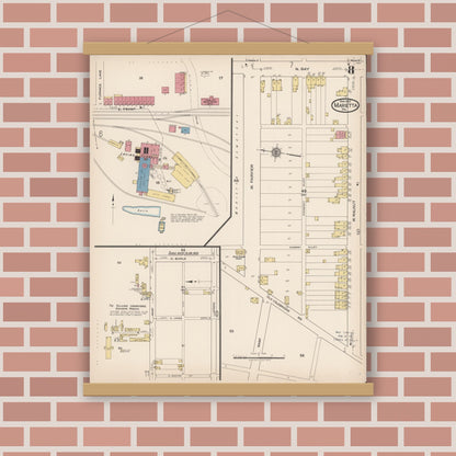 Old map wall art mockup — magnetic wood frame on brick wall — Sanborn Fire Insurance Map from Marietta, Lancaster County, Pennsylvania (1922), Sheet #0008