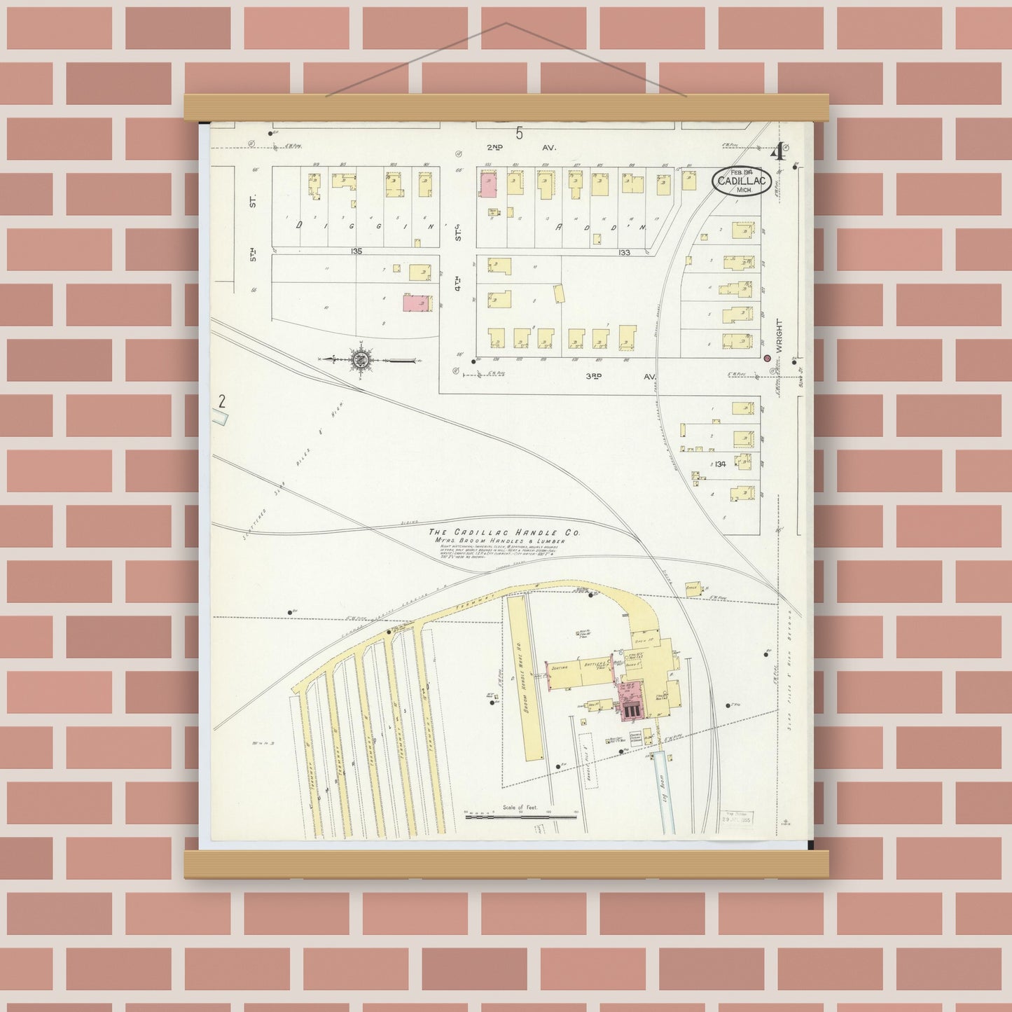 Old map wall art mockup — magnetic wood frame on brick wall — Sanborn Fire Insurance Map from Cadillac, Wexford County, Michigan (1914), Sheet #0004