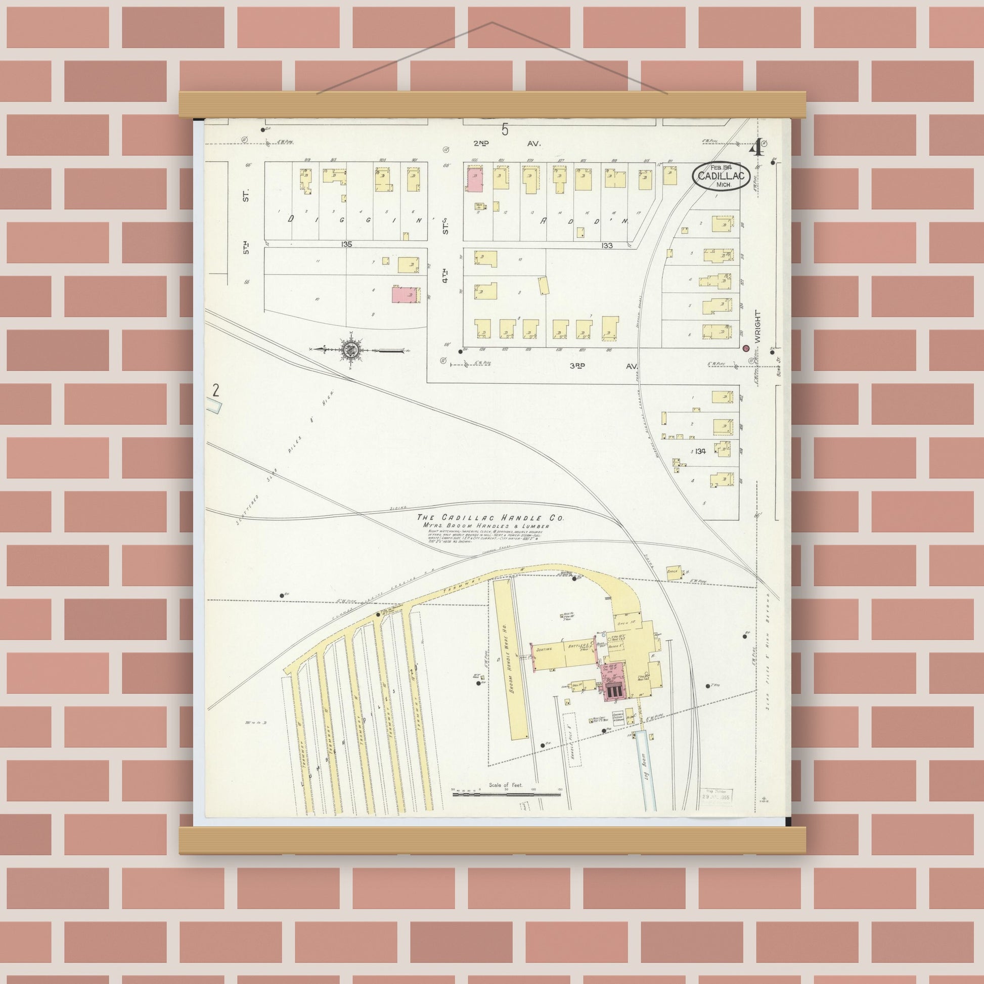 Old map wall art mockup — magnetic wood frame on brick wall — Sanborn Fire Insurance Map from Cadillac, Wexford County, Michigan (1914), Sheet #0004