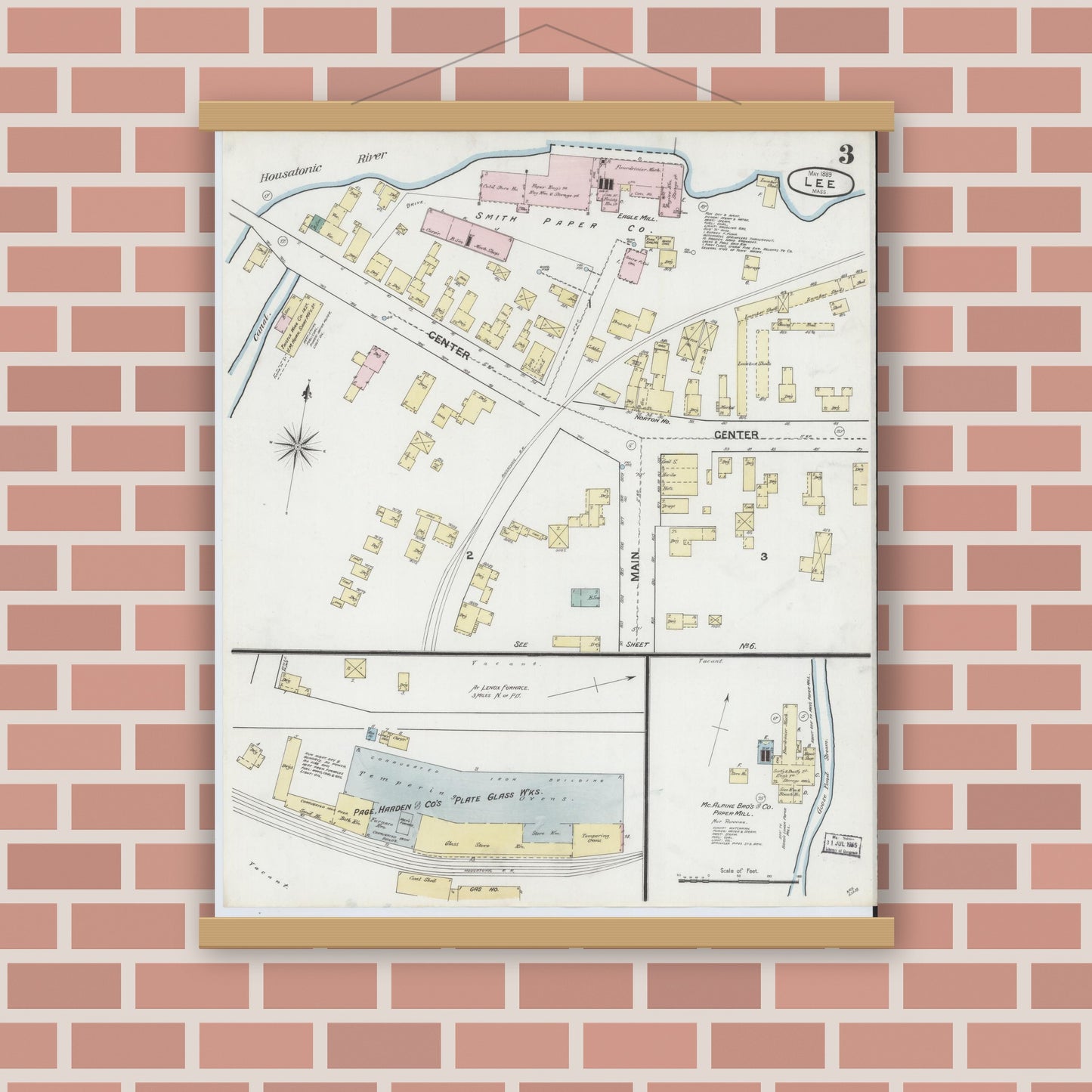 Old map wall art mockup — magnetic wood frame on brick wall — Sanborn Fire Insurance Map from Lee, Berkshire County, Massachusetts (1889), Sheet #0003