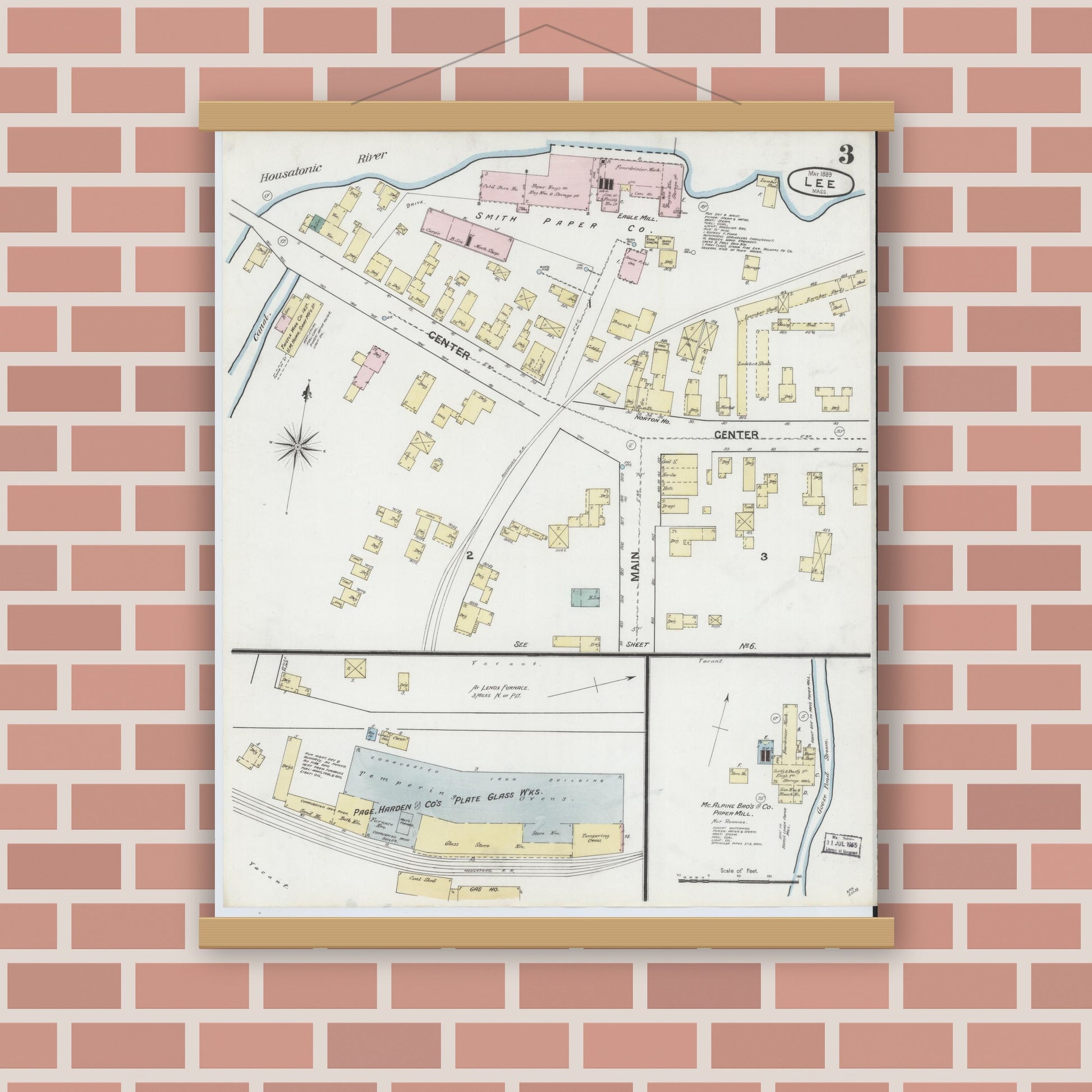Old map wall art mockup — magnetic wood frame on brick wall — Sanborn Fire Insurance Map from Lee, Berkshire County, Massachusetts (1889), Sheet #0003