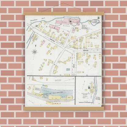Old map wall art mockup — magnetic wood frame on brick wall — Sanborn Fire Insurance Map from Lee, Berkshire County, Massachusetts (1889), Sheet #0003