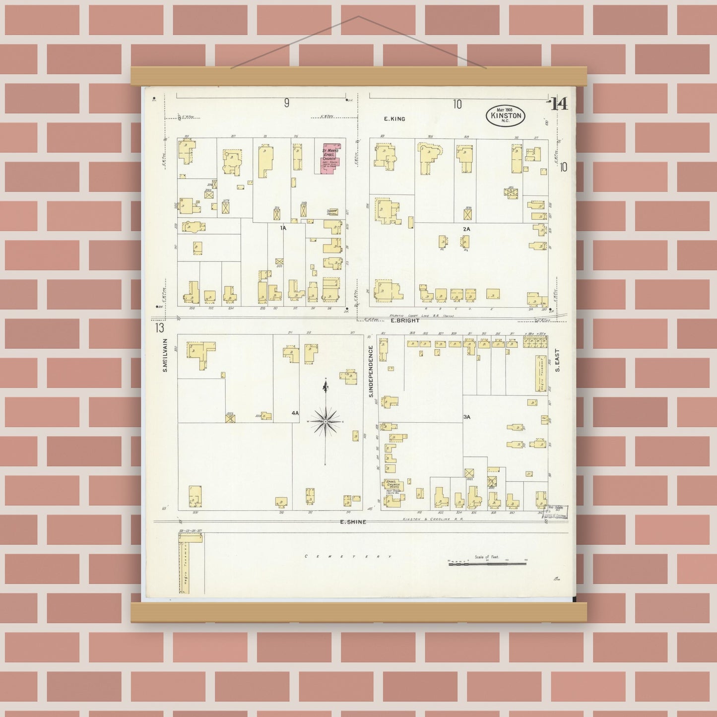 Old map wall art mockup — magnetic wood frame on brick wall — Sanborn Fire Insurance Map from Kinston, Lenoir County, North Carolina (1908), Sheet #0014