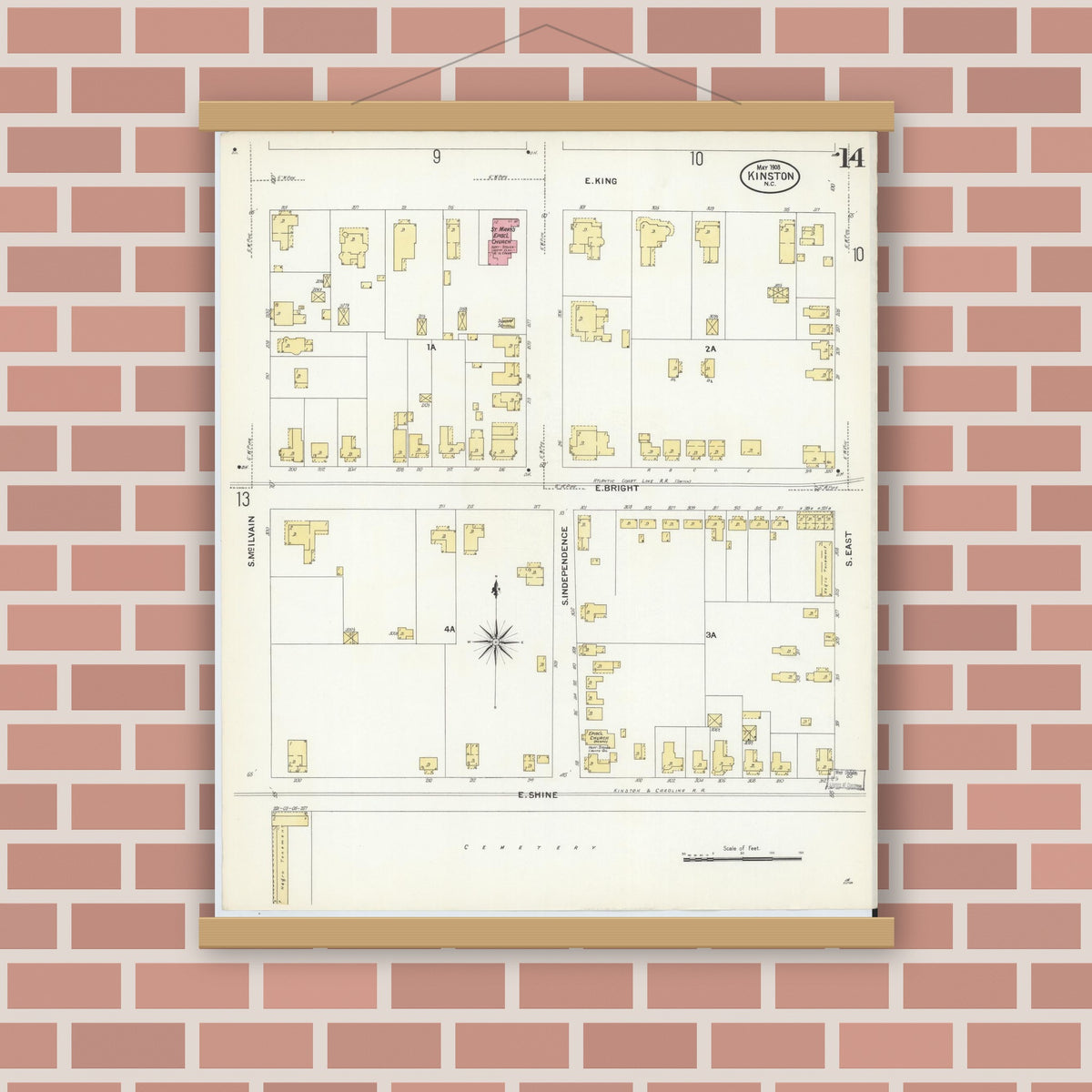 Old map wall art mockup — magnetic wood frame on brick wall — Sanborn Fire Insurance Map from Kinston, Lenoir County, North Carolina (1908), Sheet #0014