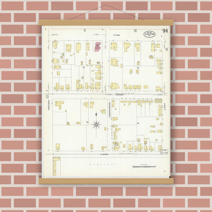 Old map wall art mockup — magnetic wood frame on brick wall — Sanborn Fire Insurance Map from Kinston, Lenoir County, North Carolina (1908), Sheet #0014