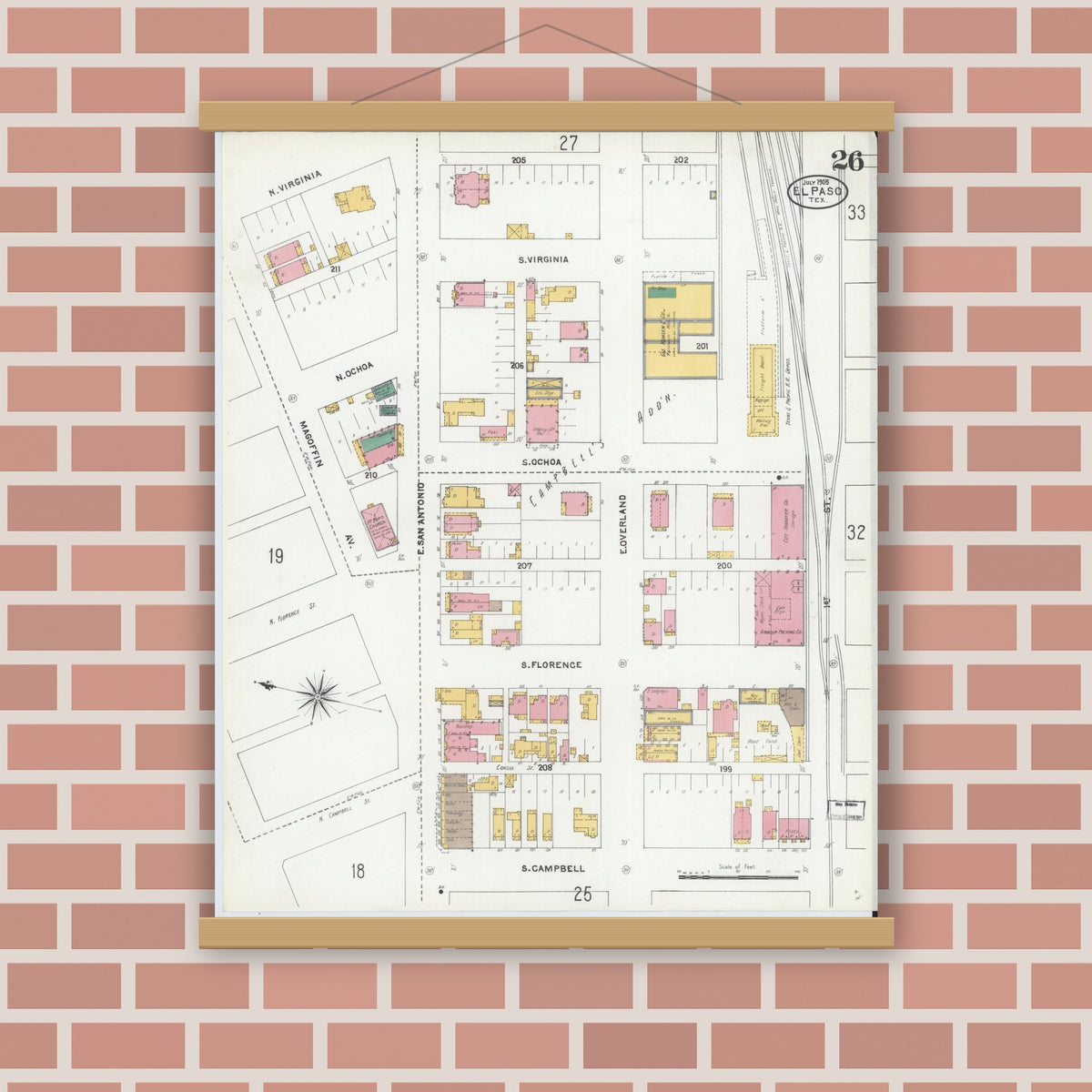 Old map wall art mockup — magnetic wood frame on brick wall — Sanborn Fire Insurance Map from El Paso, El Paso County, Texas (1905), Sheet #0026