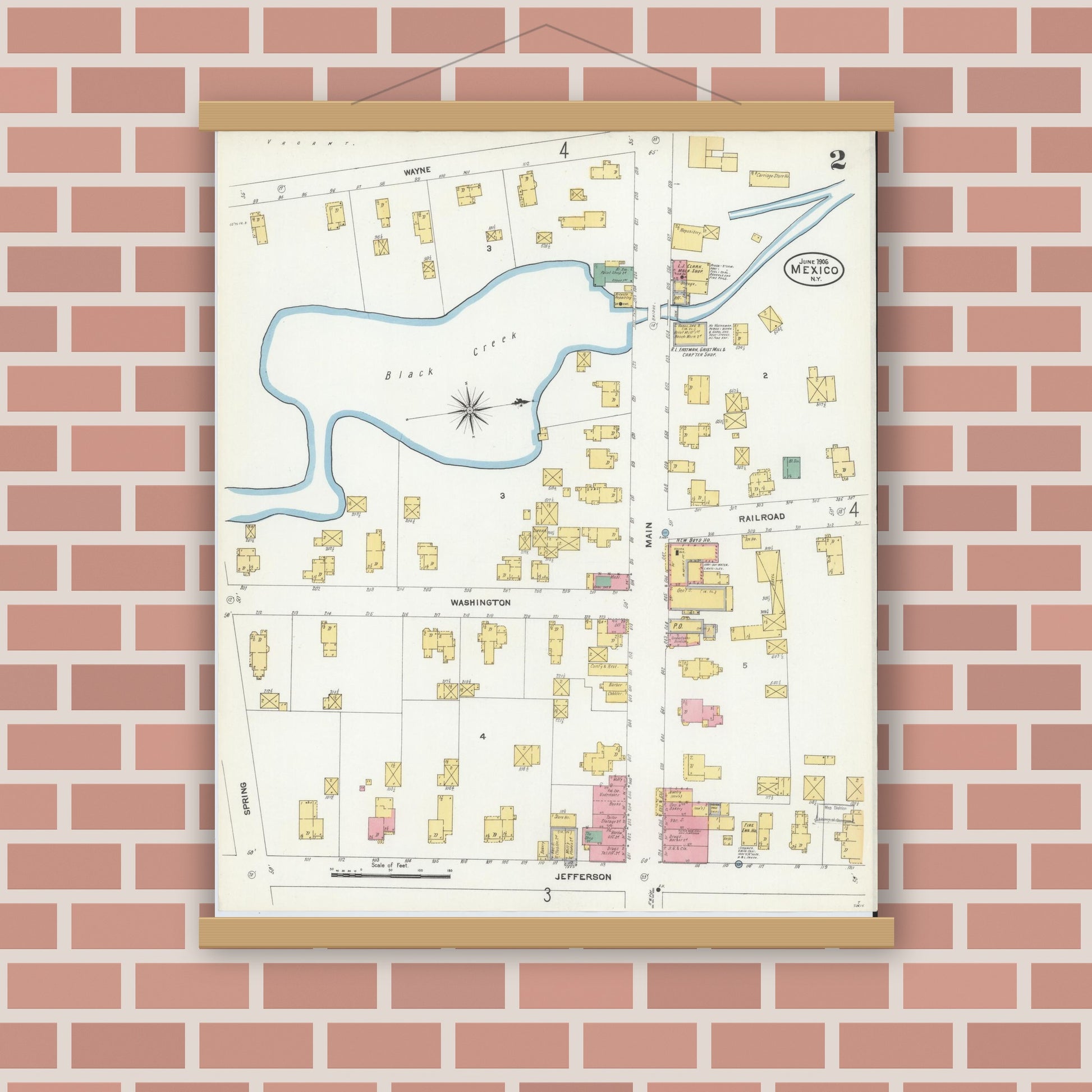Old map wall art mockup — magnetic wood frame on brick wall — Sanborn Fire Insurance Map from Mexico, Oswego County, New York (1906), Sheet #0002
