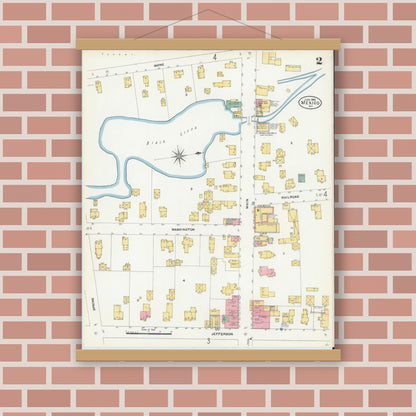 Old map wall art mockup — magnetic wood frame on brick wall — Sanborn Fire Insurance Map from Mexico, Oswego County, New York (1906), Sheet #0002