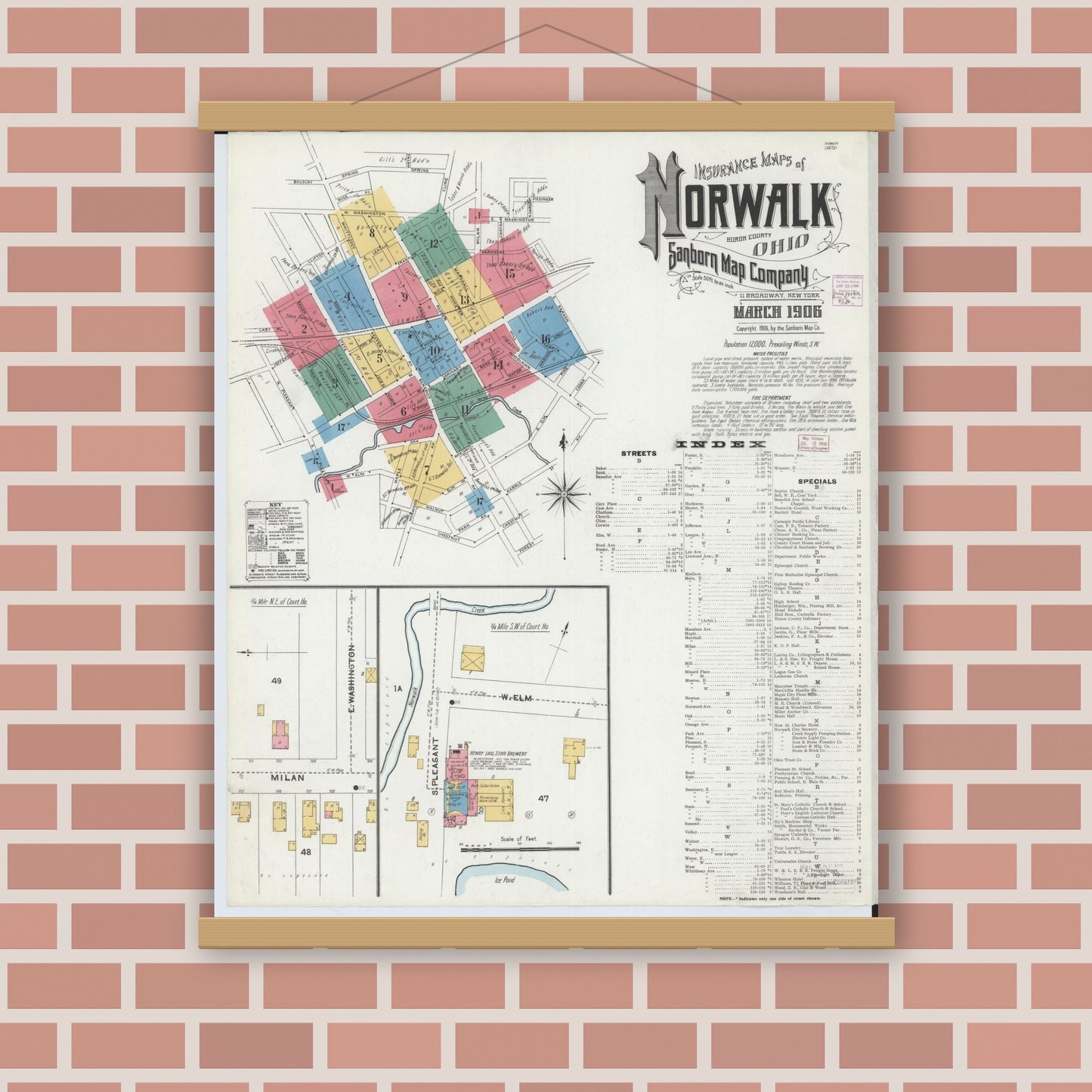 Old map wall art mockup — magnetic wood frame on brick wall — Sanborn Fire Insurance Map from Norwalk, Huron County, Ohio (1906), Sheet #0001