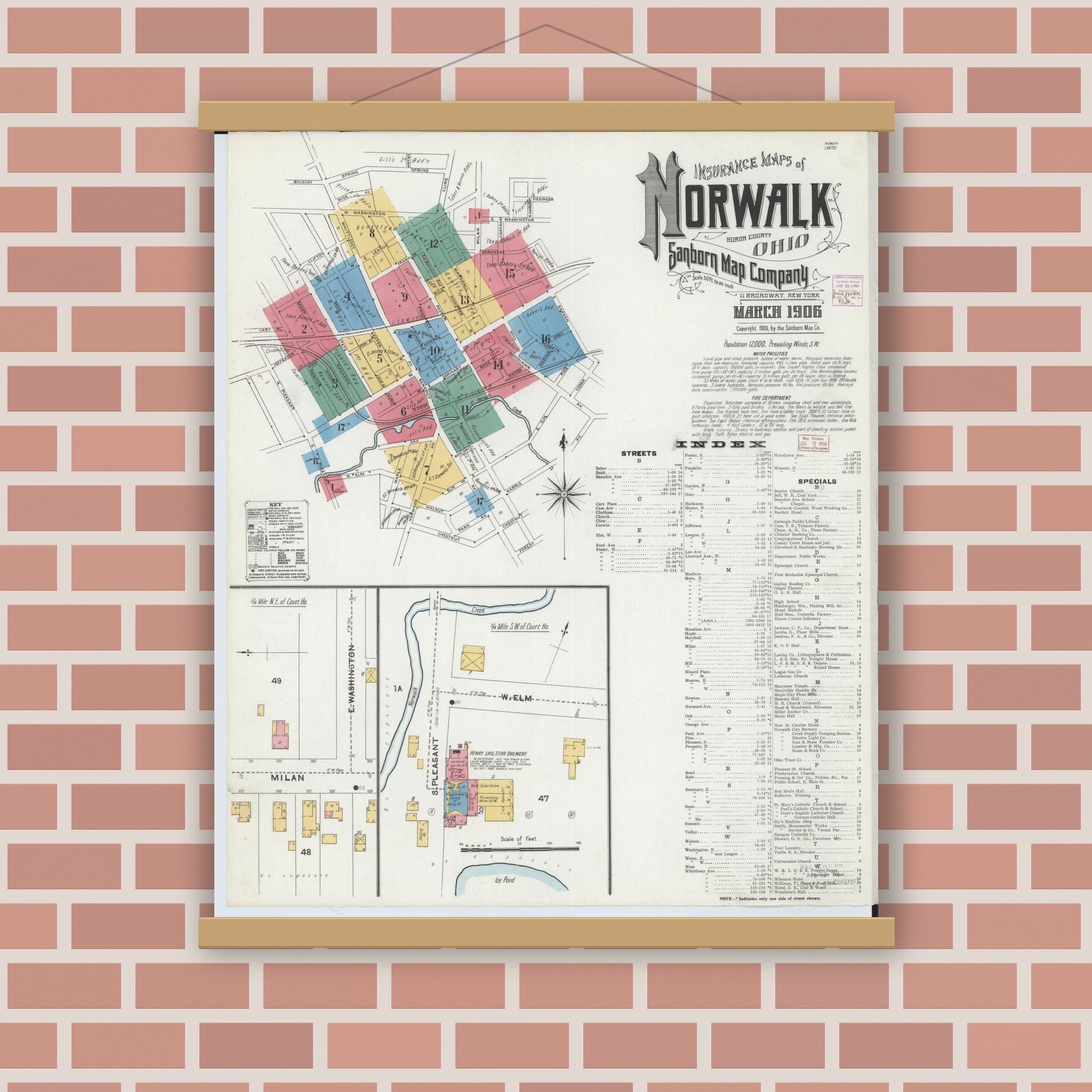 Old map wall art mockup — magnetic wood frame on brick wall — Sanborn Fire Insurance Map from Norwalk, Huron County, Ohio (1906), Sheet #0001