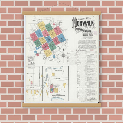 Old map wall art mockup — magnetic wood frame on brick wall — Sanborn Fire Insurance Map from Norwalk, Huron County, Ohio (1906), Sheet #0001