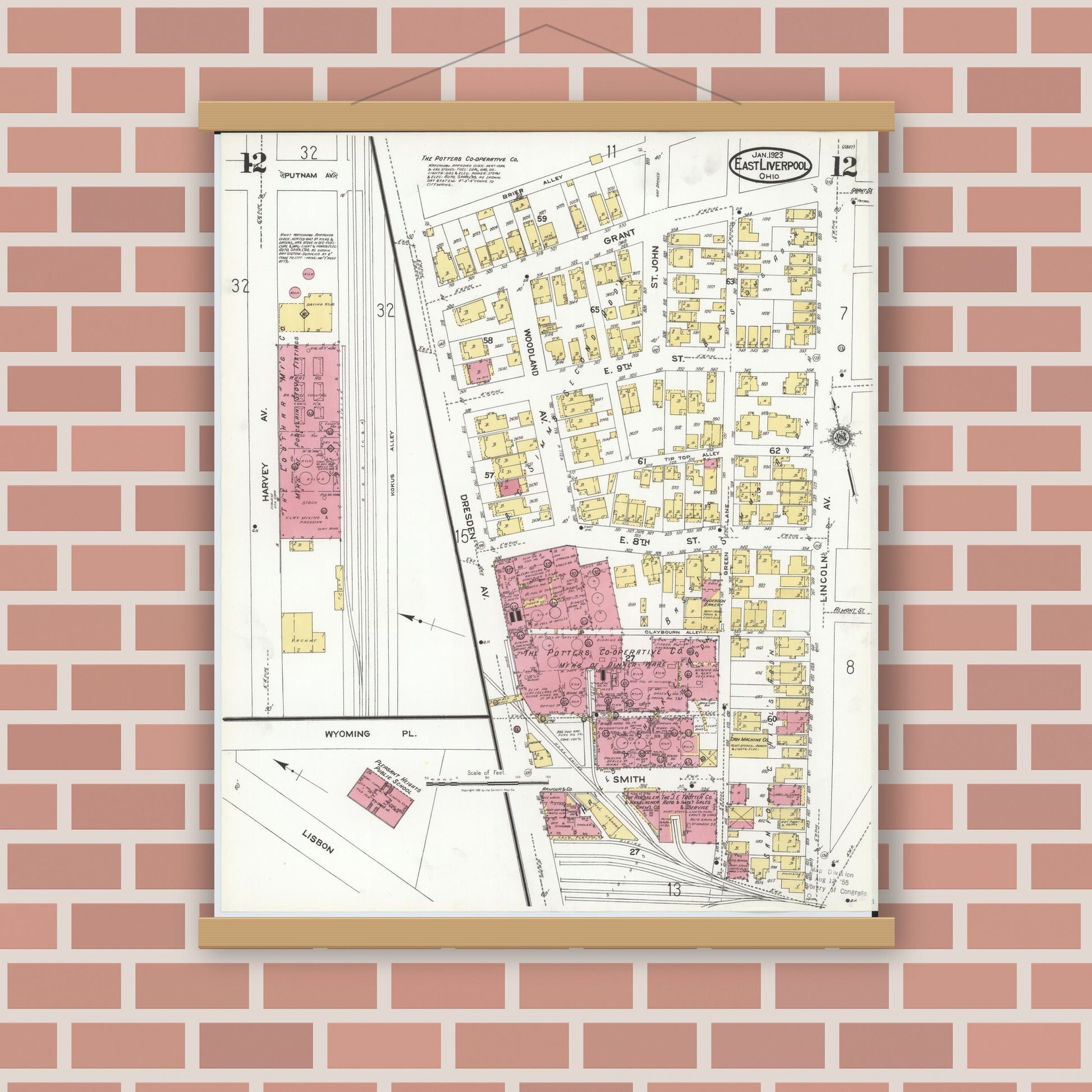Old map wall art mockup — magnetic wood frame on brick wall — Sanborn Fire Insurance Map from East Liverpool, Columbiana County, Ohio (1923), Sheet #0012