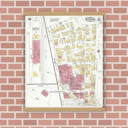 Old map wall art mockup — magnetic wood frame on brick wall — Sanborn Fire Insurance Map from East Liverpool, Columbiana County, Ohio (1923), Sheet #0012