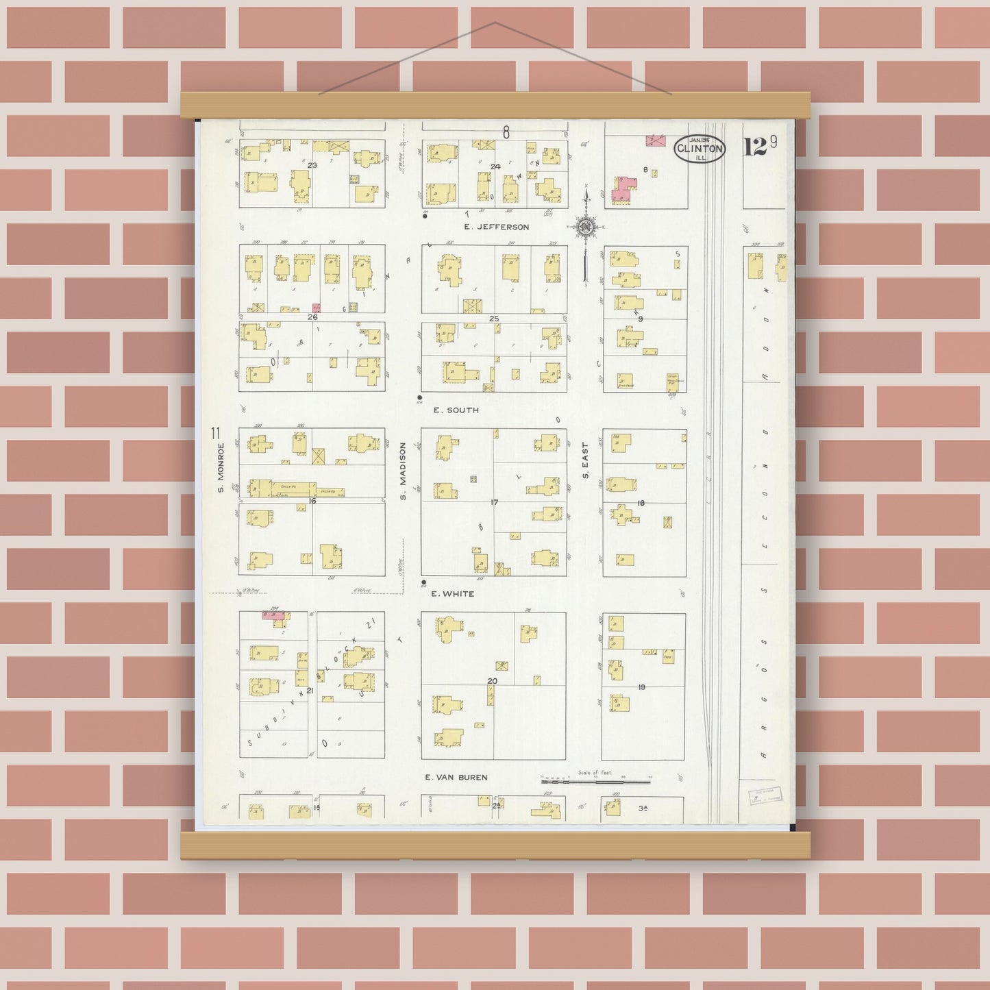 Old map wall art mockup — magnetic wood frame on brick wall — Sanborn Fire Insurance Map from Clinton, De Witt County, Illinois (1916), Sheet #0012
