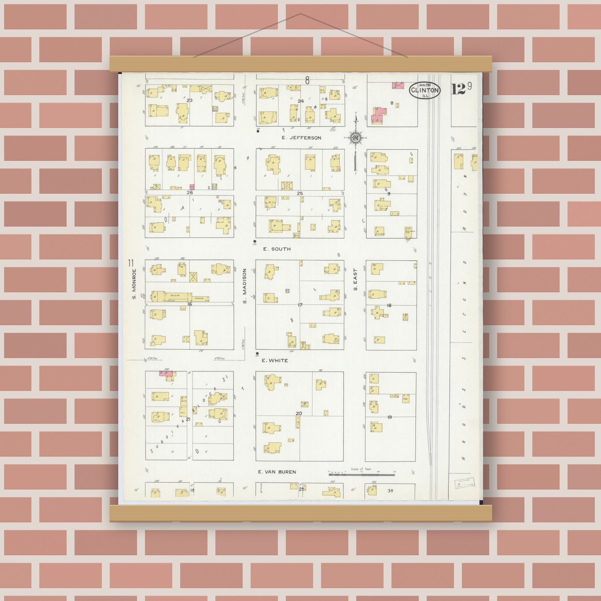 Old map wall art mockup — magnetic wood frame on brick wall — Sanborn Fire Insurance Map from Clinton, De Witt County, Illinois (1916), Sheet #0012